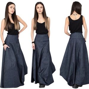 Flo Atelier Avant Garde Denim Maxi Skirt Sculptural Balloon Hem Handmade